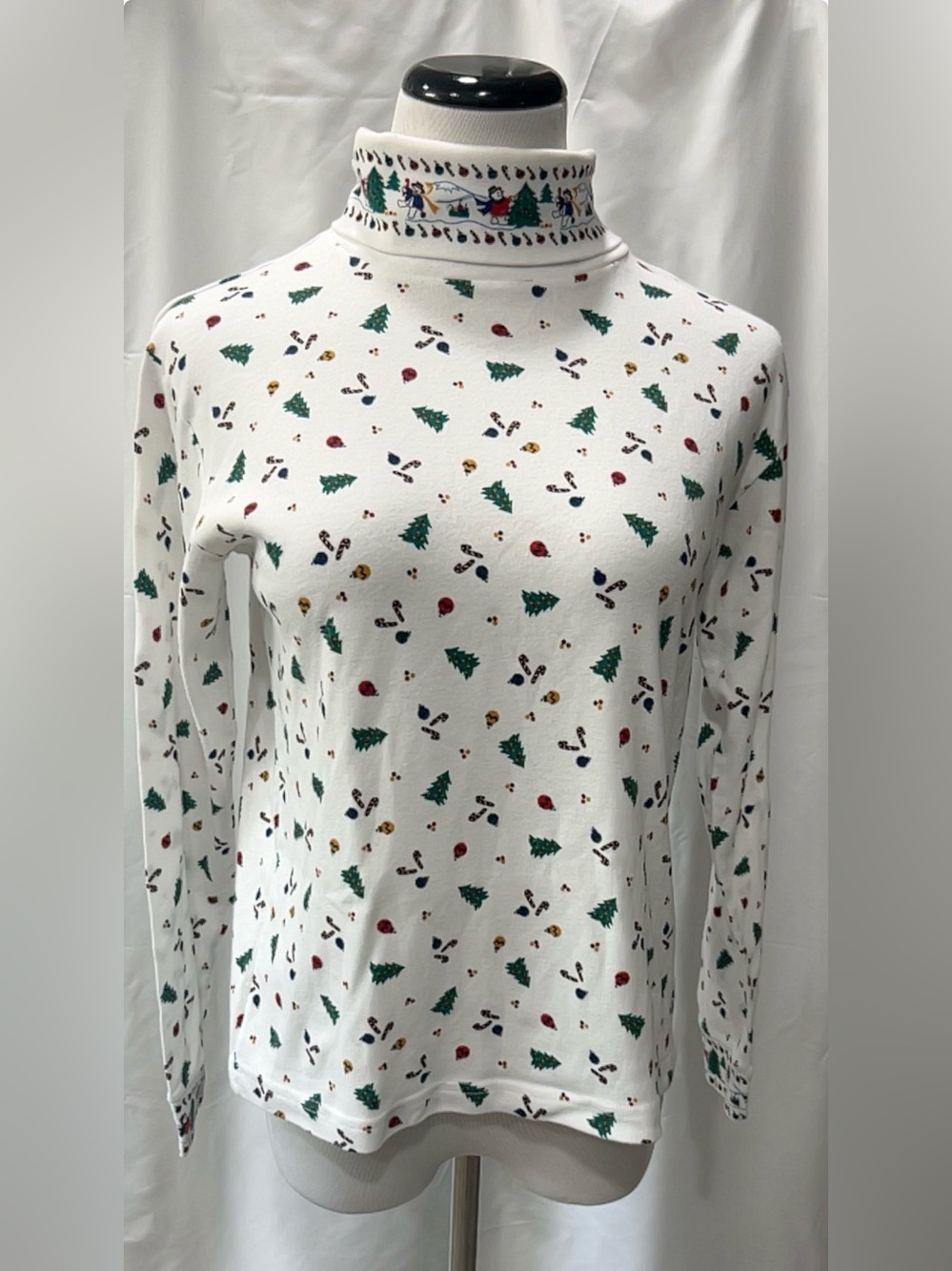 Vtg Countryside Classics Christmas Turtleneck L Snowman Tree Print Cotton Blend